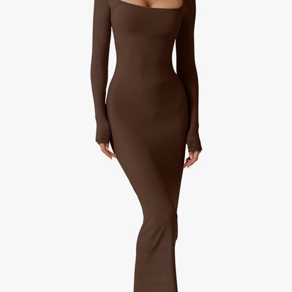 Qinsen Brown Long Sleeve Dress